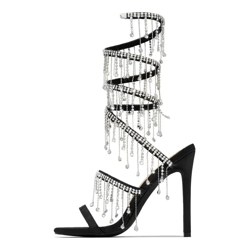 Runway style Bling Bling Crystal Tassels Snake Coiled Women Sandals Sexy Stiletto High heels Summer Fashion Party Prom Shoes - reetell