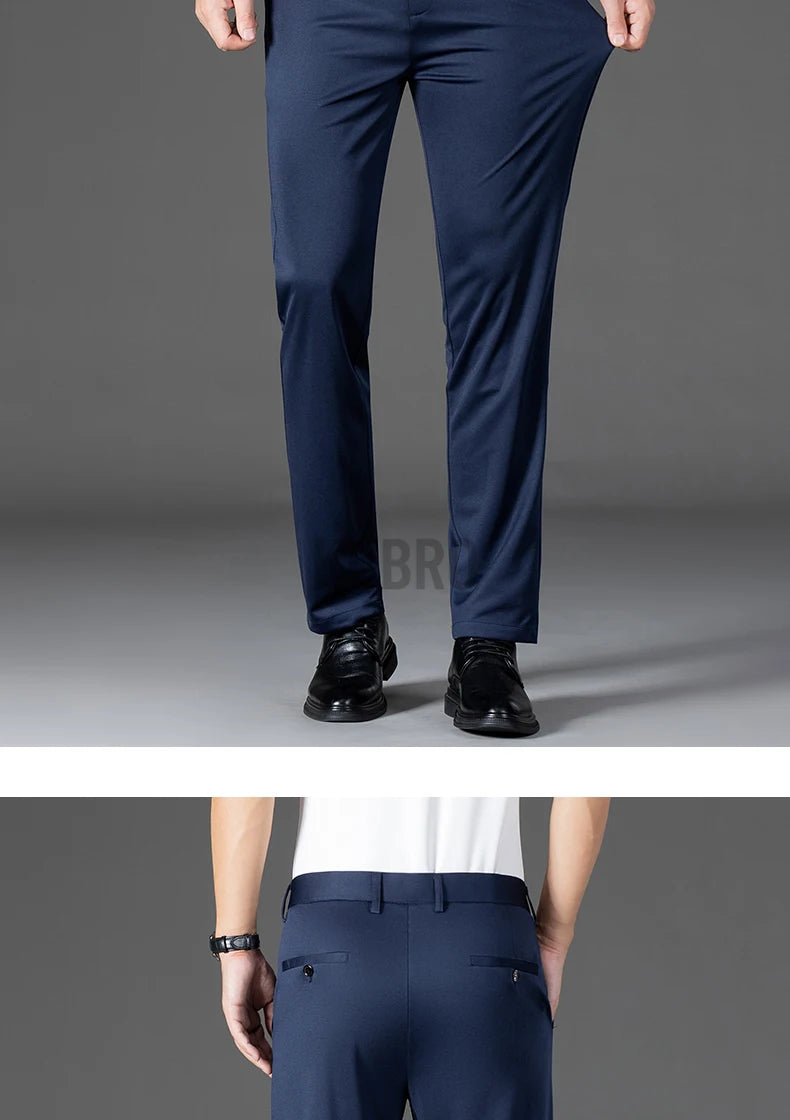 KUBRO Men's Summer Thin Fashion Business Casual Suit Pants Long Pants Men's Elastic Straight Sleeve Formal Pants Plus Size 2024 - reetell