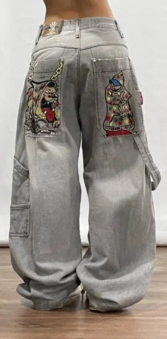 Deeptown Vintage Y2k Oversized Jeans Harajuku Streetwear Hip Hop Embroidery Denim Pants Baggy Japanese 2000s Gothic Trousers - reetell