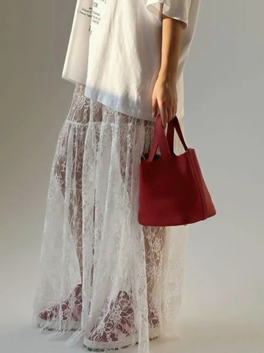 Lace Jacquard Transperant Skirt Women Summer New High Waist Sexy Casual Long Skirts 2024 Streetwear Fashion White Maxi Skirt - reetell