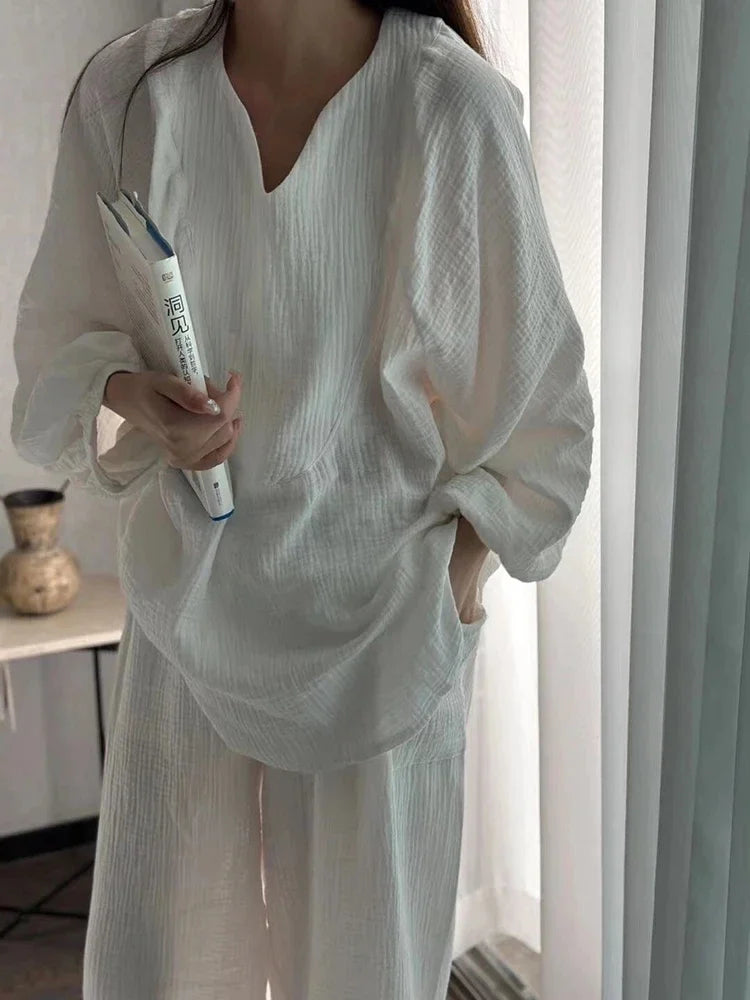 Korean Version White Long Sleeved Bubble Wrinkled Pajamas Women's Spring Autumn Fashion Loose V-neck Casual Women Pants Home Set