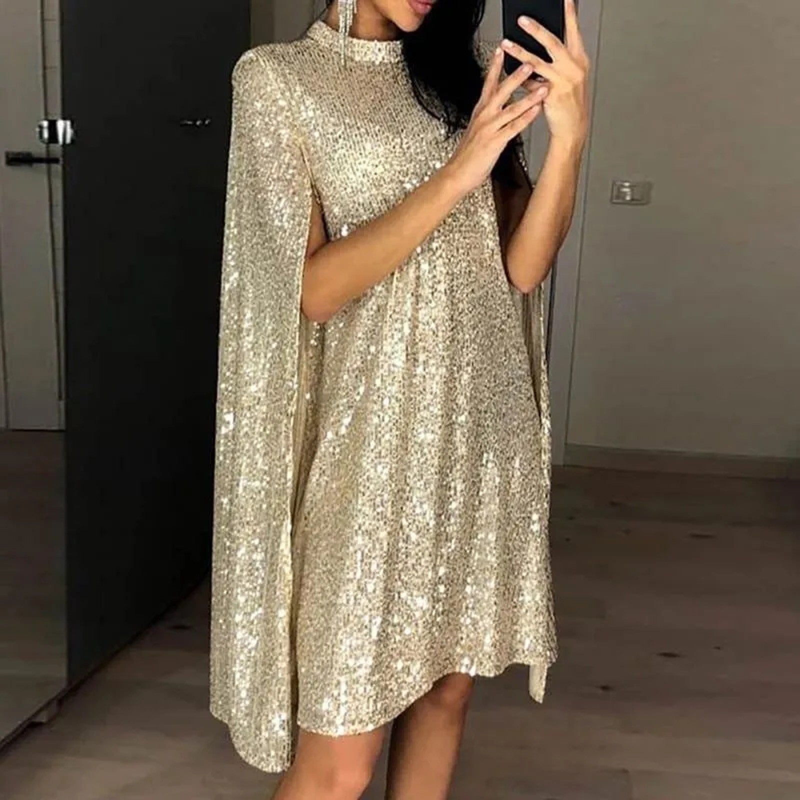 Sequin Party Dresses For Women 2024 Golden Elegant Cloak Sleeve Patchwork Loose Evening Dress Silver Sexy Club Vestidos Female - reetell