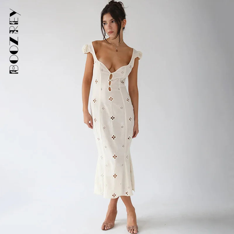 BoozRey Jacquard Hollow Out Sleeveless Dress 2022 Summer New Floral Skirt Sweet and Cute High Waist Maxi Dress for Women - reetell