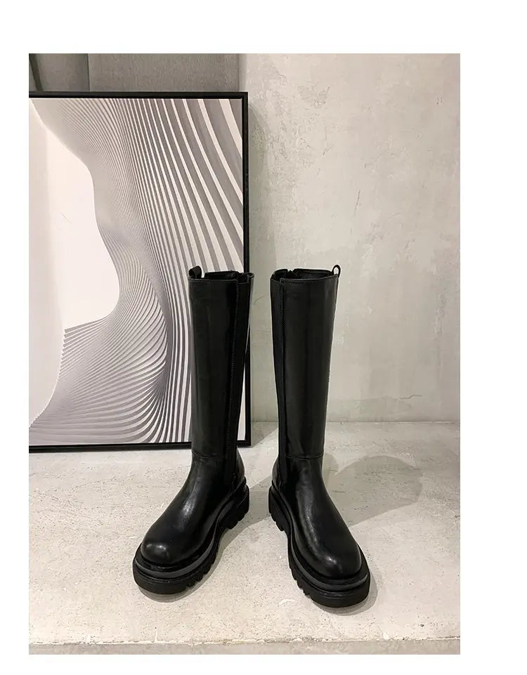 Fashion Woman's Platform Zipper Spring Autumn PU Leather Non-slip Knee High Luxury Designer Casual Women Chunky Long Black Boots