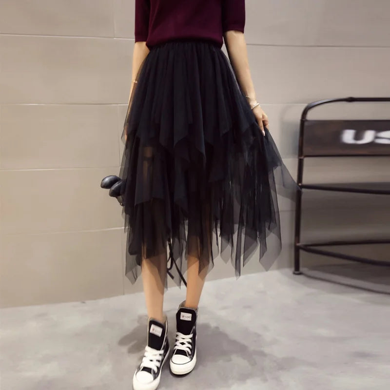 Fashion Summer Tutu Women Skirt Harajuku Tulle Bottom Faldas Casual High Waist Midi Mesh Skirts Woman Clothes Saia Jupe Femme - reetell