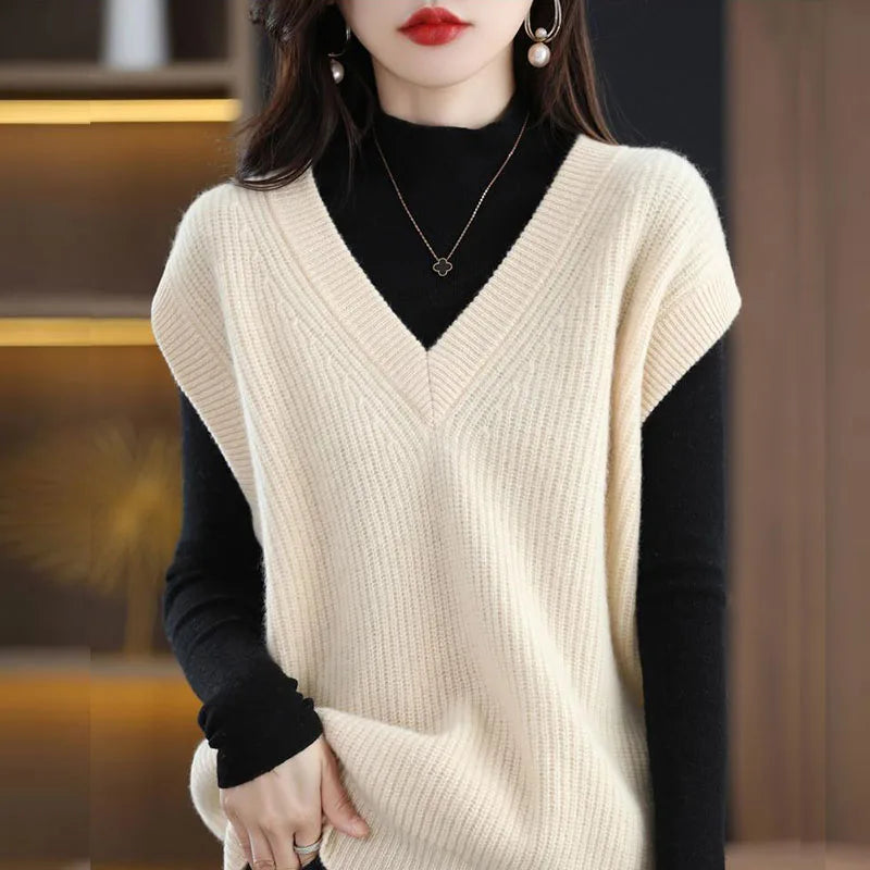 Knitted Jacket Sweater Women's Vest Sleeveless Coat Wool Blended V-Neck Pullover Spring Autumn Fashion Women's Top - reetell