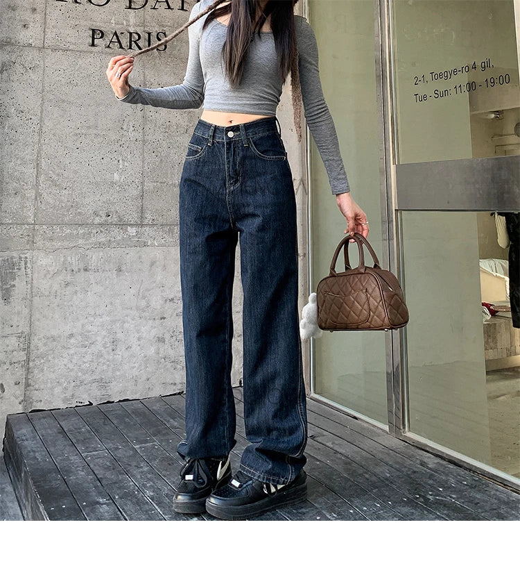 ZOENOVA High Waist Straight Women's Jeans 2024 Spring Korean Fashion Ladies Simple Versatile Loose Dark Blue Wide Leg Trousers - reetell