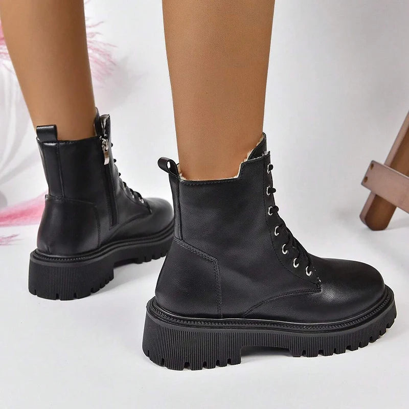 Winter Warm Short Plush Ankle Boots Women Fashion Zip Lace Up Platform Combat Boots Woman Comfy Low Heels Pu Leather Botas Mujer