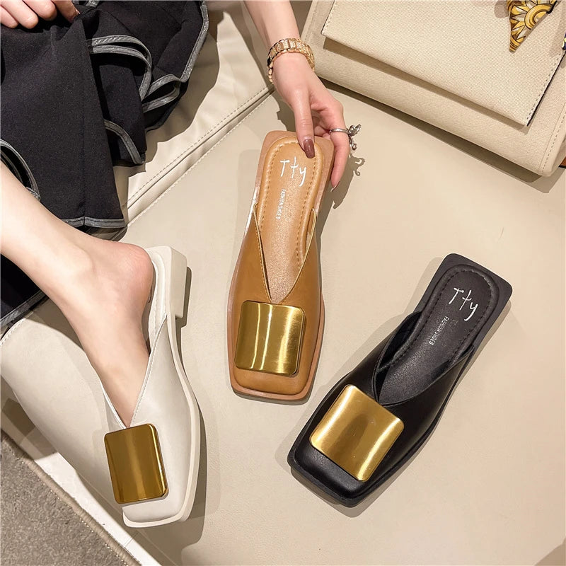 Brand Designer Women Slippers Fashion Metal Buckle Mules Flat Heels Square Toe Shallow Shoes Outdoor Slide Female Casual Sandal