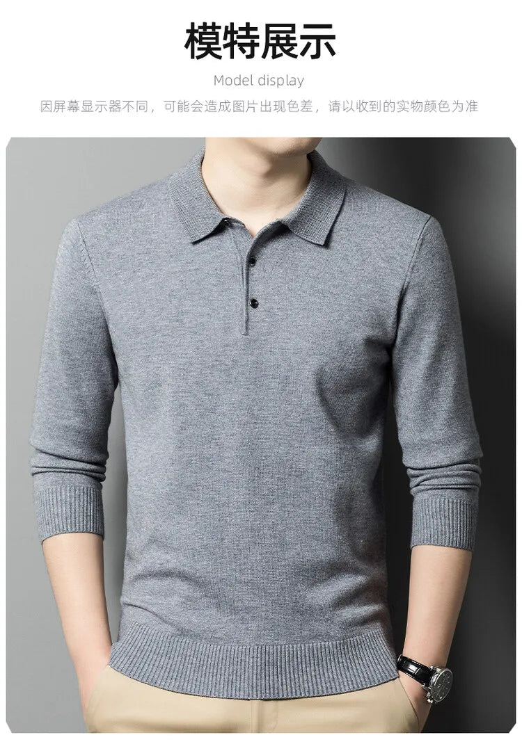 Autumn and Winter New Warm Soft Pullover Men's Business Lapel Knitwear Casual Solid Color Long Sleeve Polo Shirt Office - reetell