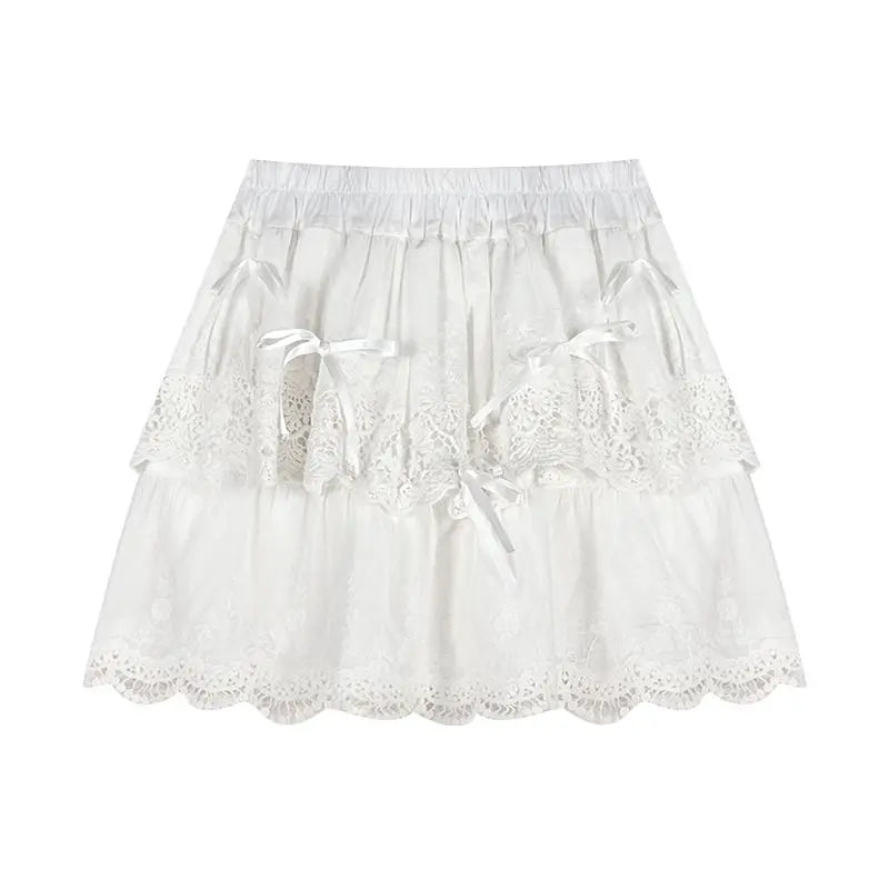 Deeptown Coquette White Lace Short Skirt Ruffle Women Sweet Bow Kawaii Mini Skirts Patchwork Layered A-line Aesthetics Skirt - reetell