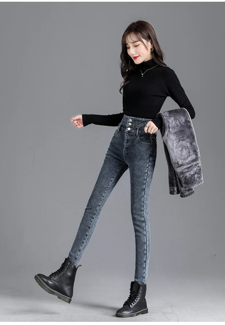 Thermal Winter Thick Fleece High-waist Warm Skinny Jeans Thick Women Stretch Button Pencil Pants Mom Casual Velvet Jeans - reetell