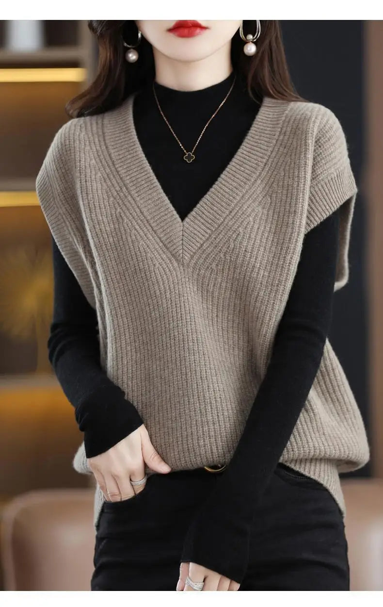 Knitted Jacket Sweater Women's Vest Sleeveless Coat Wool Blended V-Neck Pullover Spring Autumn Fashion Women's Top - reetell