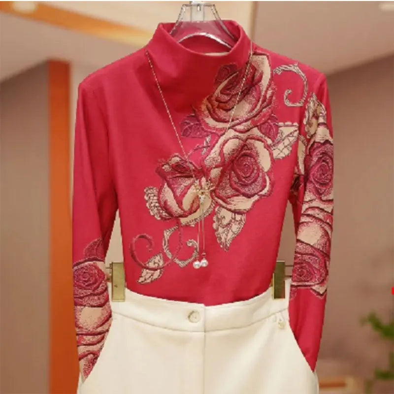 Women's Clothing Vintage Floral Printed T-shirt Folk Commute Autumn Winter Long Sleeve Stylish Casual Half High Collar Pullovers - reetell