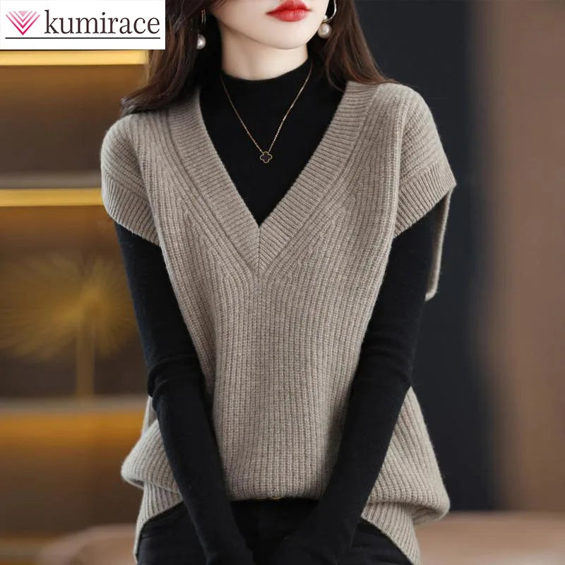 Knitted Jacket Sweater Women's Vest Sleeveless Coat Wool Blended V-Neck Pullover Spring Autumn Fashion Women's Top - reetell