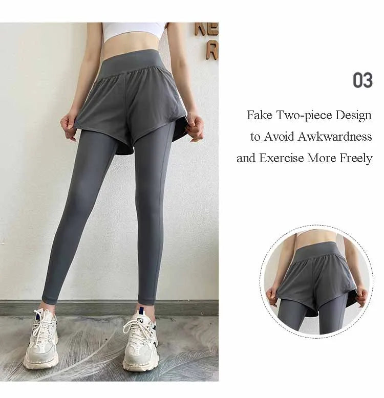 Women Gym Yoga Pants Fake 2 Pieces Sports Pants With Shorts Quick Dry Outdoor Fitness Training Workout Running Tights Leggings - reetell