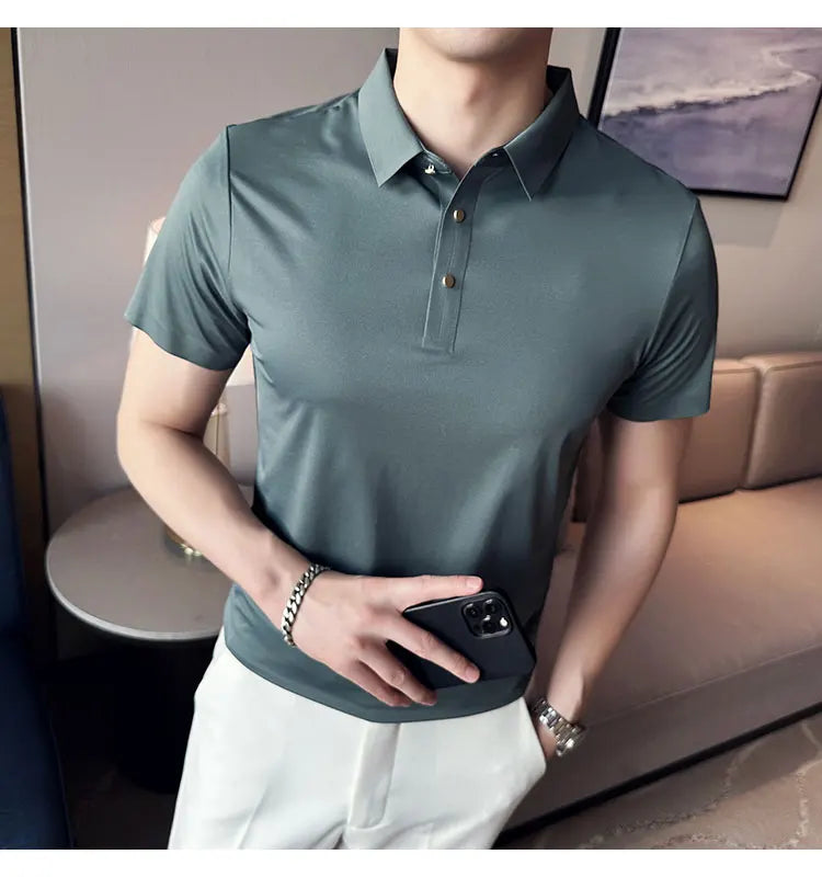 Ice Silk Traceless T-shirt Men's  Business Casual Solid Color Half Sleeve High Elasticity Top Silk Smooth Breathable POLO Shirt