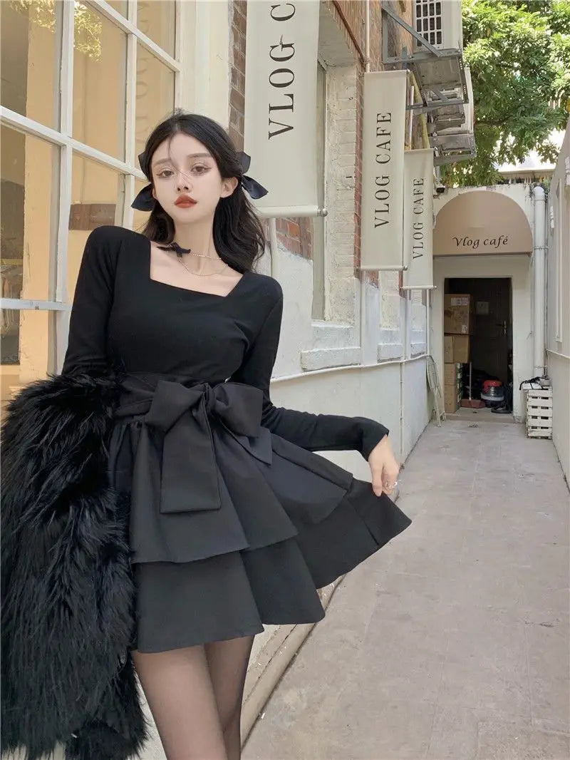 Women Vintage Bow Kawaii Sweet Fairy Elegant Party Dresses 2024 Spring Female Square Collar High Waist Slim Sexy Y2K Mini Dress - reetell