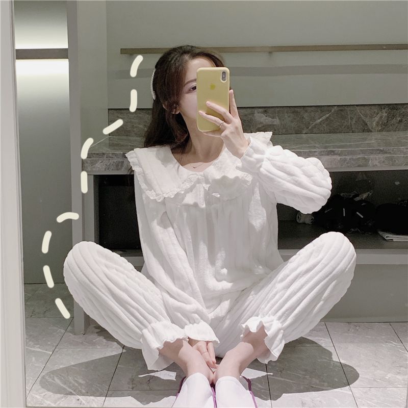 Coral Fleece Pajamas Sets for Women Autumn Winter Thick Warm Sweet Long Sleeve Sleepwear Nightgown Pijama Suit Mujer Homewear