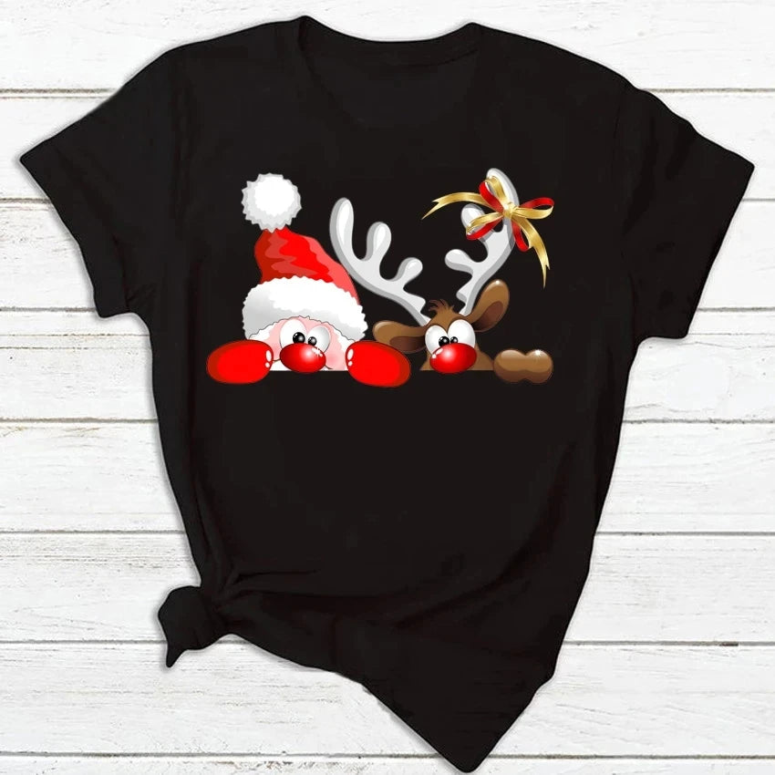 Maycaur Fashion Women's Tops Tee Women Merry Christmas Holiday Tshirts Funny Cartoon Santa Reindeer Printed Black T-shirt Female - reetell