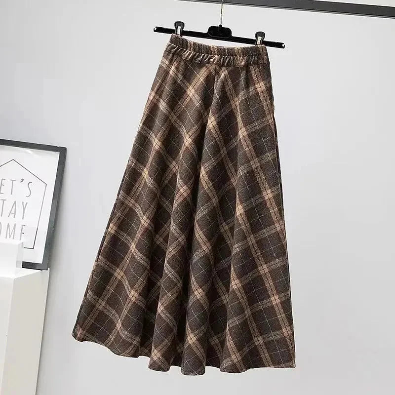 Rimocy Autumn Winter Woolen Skirt Women 2023 Korean Style Thick High Waist Long Skirt Woman A Line Pleated Plaid Skirt Female - reetell