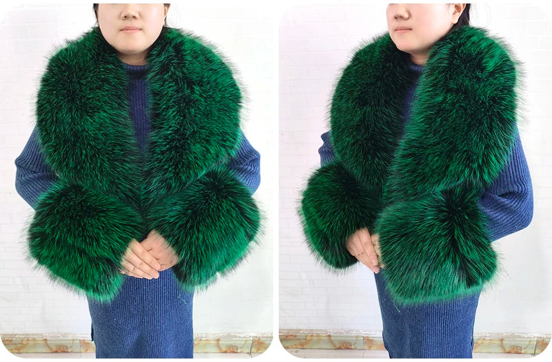 Winter Faux Fur Collar Cuffs Set Women Fluffy Large Shawl Coat Accessories Warm Fashion Fake Fox Fur Scarf Furry Scarves Female - reetell