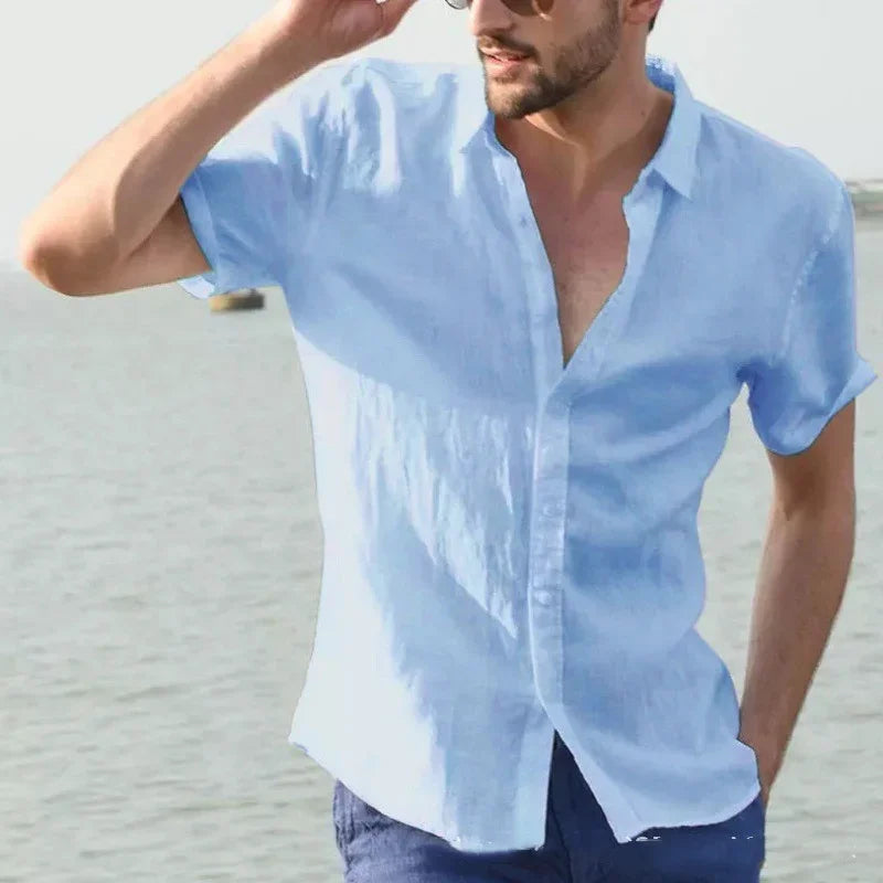 Men's summer breathable thin trendy short-sleeved cardigan casual lapel solid color shirt suitable for outdoor activities