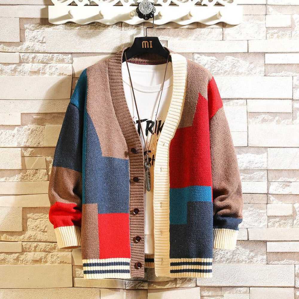 The new men's colorful sweater cardigan splicing V-neck knitwear large size jacket - reetell