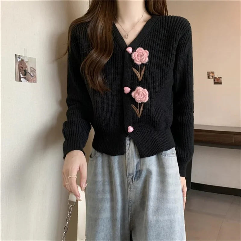 Heavy Industry Beautiful Flowers Knitted Cardigan Sweater Women Slim In Autumn And Winter With Small Cardigan V-neck Short Coat - reetell