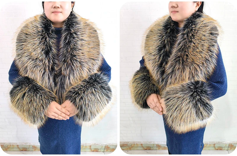 Winter Faux Fur Collar Cuffs Set Women Fluffy Large Shawl Coat Accessories Warm Fashion Fake Fox Fur Scarf Furry Scarves Female - reetell