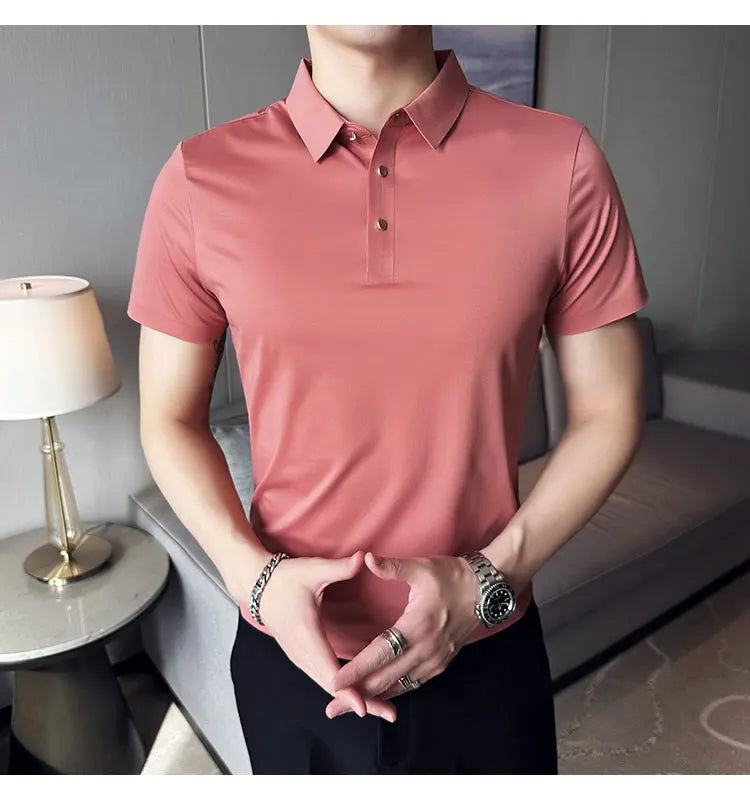 Ice Silk Traceless T-shirt Men's  Business Casual Solid Color Half Sleeve High Elasticity Top Silk Smooth Breathable POLO Shirt