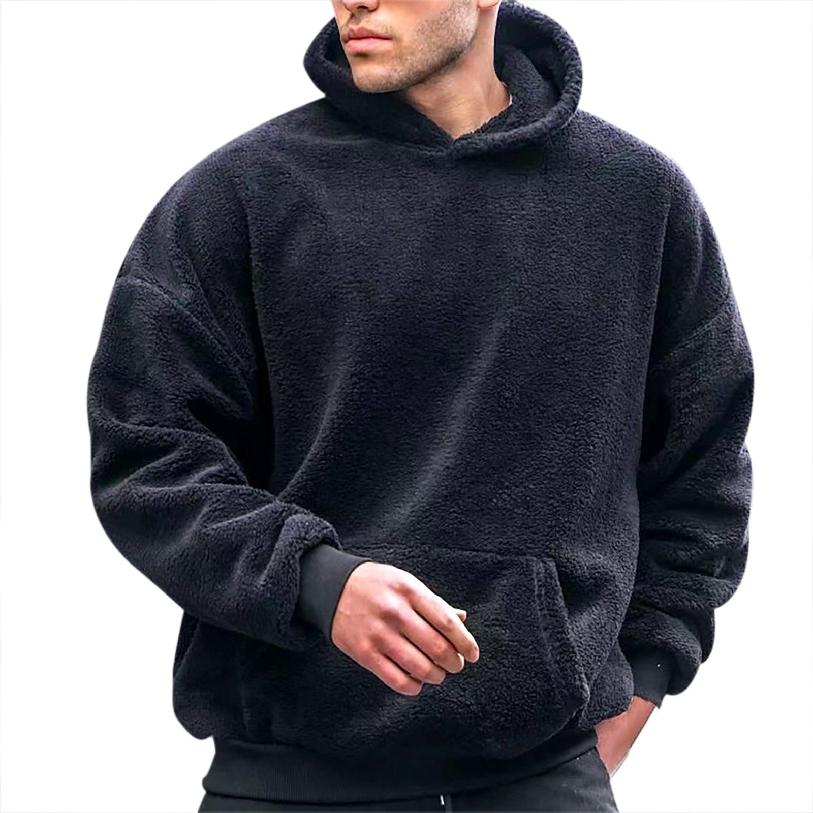 Soft Fleece Warm Hoodie Plush Pullovers Men Winter Solid Long Sleeve Pockets Hooded Sweatshirts Male Velvet Hoodies Jumper 2023 - reetell