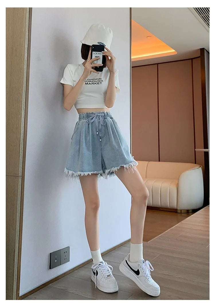 Big Size Denim Shorts Summer Thin Section Wide Leg Wide Loose Tight High Waist Female Students Fattening Women Tassel Wide - reetell