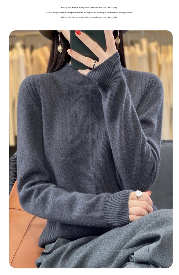 2024 Autumn Winter Women 100% Merino Wool Sweater Striped O-Neck Pullover Knitwear Casual Undershirt Cashmere Clothing Tops - reetell