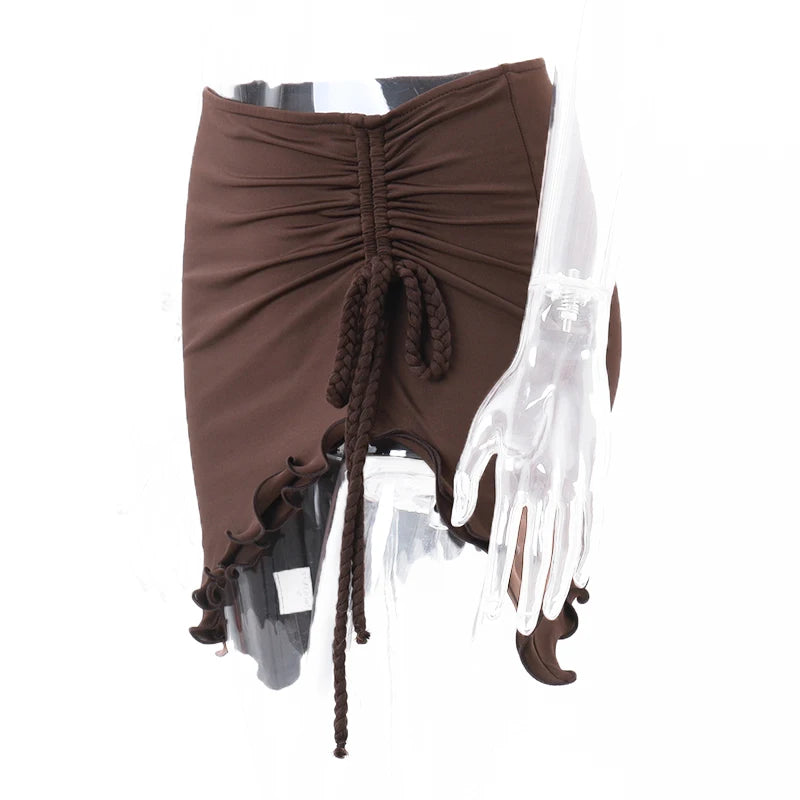 Xeemilo Y2K Irregular Shape Draw-string Mini Skirt Vintage Brown Sexy Bandage Low-waist Skirt Summer Chic Streetwear Short Dress - reetell