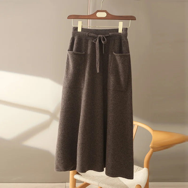 Autumn And Winter100% Pure Wool Skirt Women's Long Pocket Small A Skirt High Waist Slim Cashmere Knit A-Line Skirt - reetell