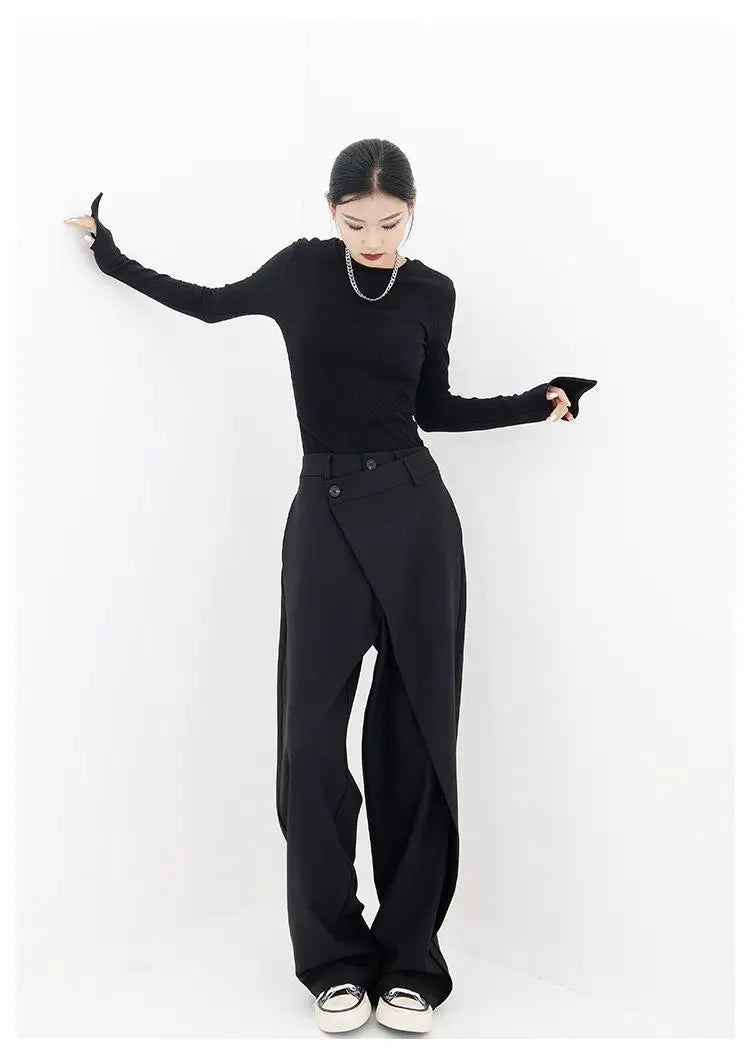 HOUZHOU Women Wide Suit Pants High Waist Gothic Japanese Style Baggy Black Trousers Irregular Straight Pants Casual Streetwear - reetell