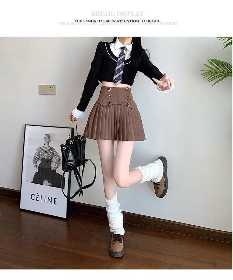 Pleated Skirt New Spring Autumn All-match Buttons Solid Color High Waist A-line Skirt Femme Preppy Style Pleated Trend Skirts - reetell