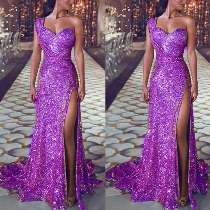 2024 Women's Wedding Party Dress Evening Elegant Sexy Deep V Neck One Shoulder Sleeveless Sequined Long Maxi Dresses For Women - reetell