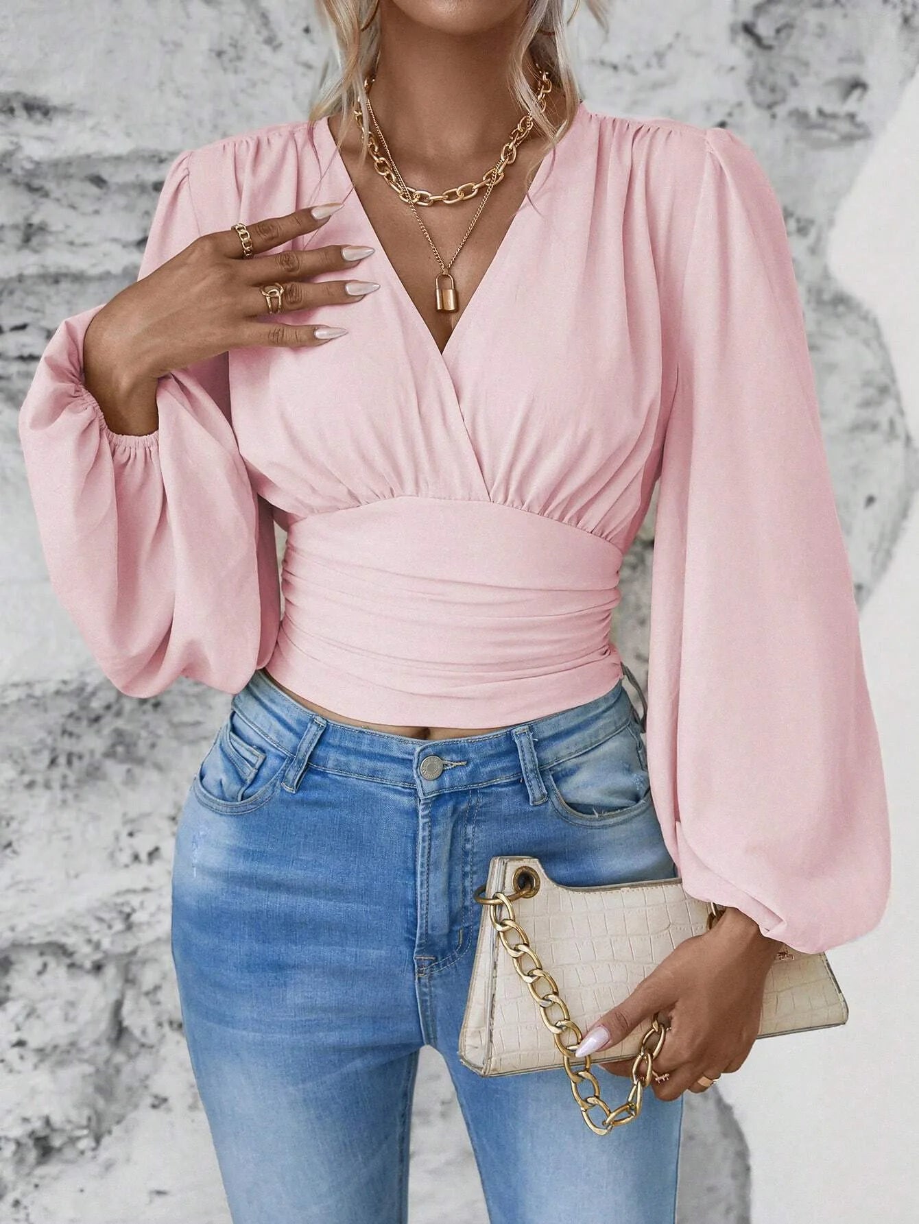 Elegant Lantern Sleeves Crop Top 2024 Spring Autumn New Fashion V-neck Solid Color Ruffled Women's Long Sleeved Black Blouse Y2K - reetell