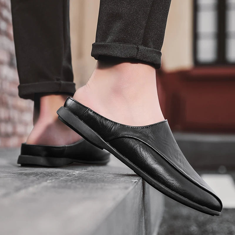 Summer Men Shoes Casual Fashion Mens Loafers Genuine Leather Half Slipper Breathable Slip on Lazy Driving Shoes Men