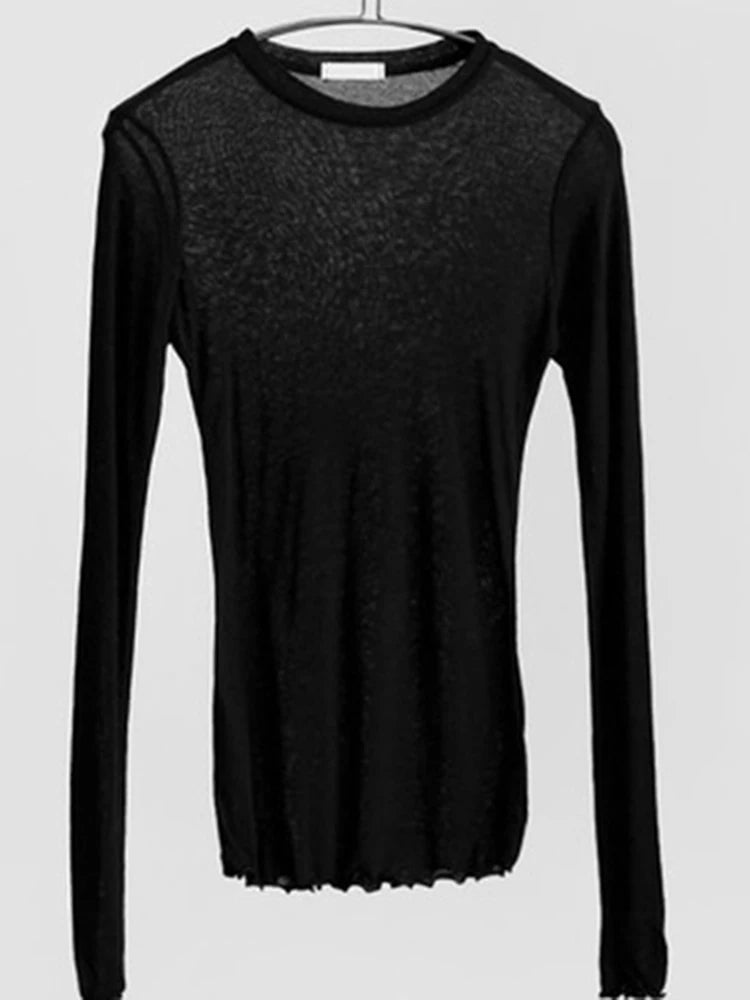 High Quality Plain T Shirt Women Cotton Elastic Basic T-shirts Female Casual Tops Long Sleeve Sexy Thin T-shirt see through - reetell