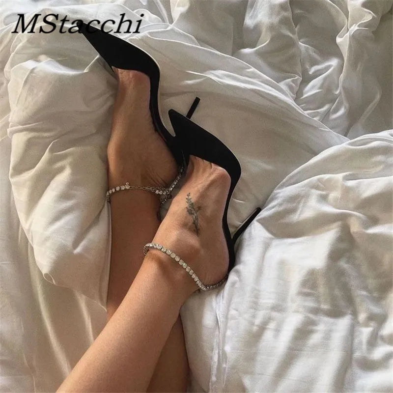 Luxury Rhinestones Chains Women Pumps Designer Sandals High Heels Summer Ankle Strap Party Shoes Star Style Wedding Prom Shoes