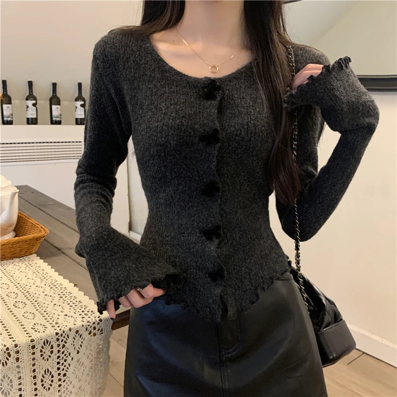 Women's Ruched Long Sleeve Cropped Cardigan V Neck Button Down Knit Lady Autumn Winter Knitted Single-breasted Cardigan Sweaters - reetell