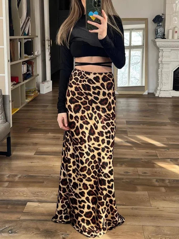 ASDS 2024 Vintage Women's Leopard Print Satin Skirt Female Summer High Waist Midi Skirt Woman Fashion Elegant Long Skirts - reetell