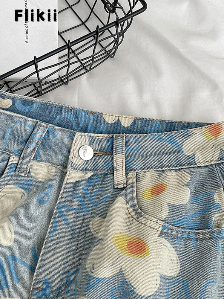 Y2K Baggy Flowers Printting 2000s Denim Trouser Women's Washed Vintage Casual Pants Female High Street Retro High Waist Jeans - reetell