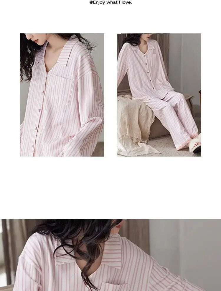 Striped Pajamasr Women Spring Autumn 2024 New Loungewear Cardigan Long Sleeved Cotton Sleepwear Lace V-neck Casual Homewear