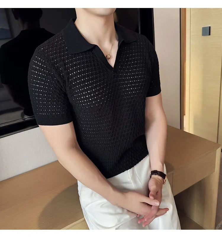 Men's Polo Shirt 2024 Summer New Light and Thin Knitted Hollow Solid Color Casual Short Sleeved V-neck T-shirt Men's Clothing