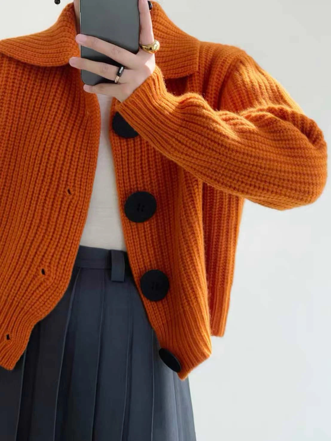 Fashion Big Button Cardigan for Women Loose Thickening Turn-down Collar Knit Sweater Autumn and Winter 2024 Grey Cardigan Coat - reetell