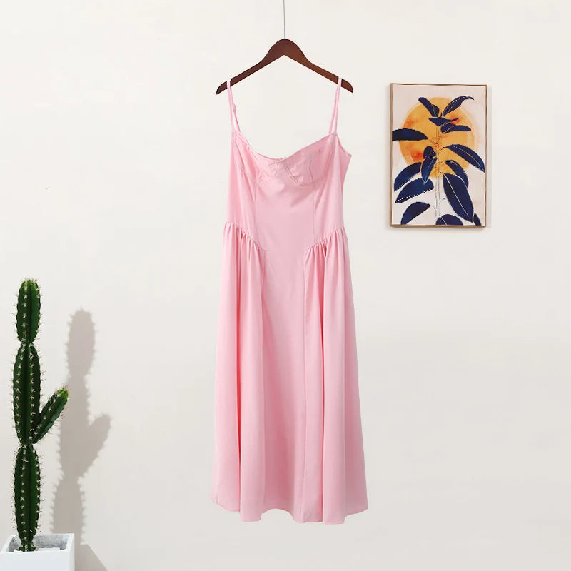 Sexy Solid Pleated Hem Sling Dress Women Fashion Midi Sleeveless Backless Dresses Female 2024 Summer Party Evening A-line Robes - reetell